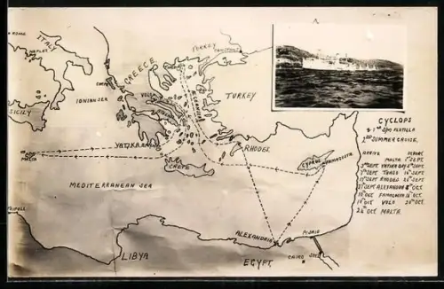 AK 1. Britische U-Boot-Flottille mit Begleitschiff Cyclops auf Sommerreise im östlichen Mittelmeer