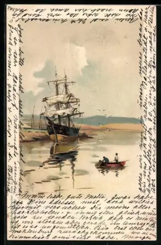 Lithographie Zweimast-Segelschiff am Ufer