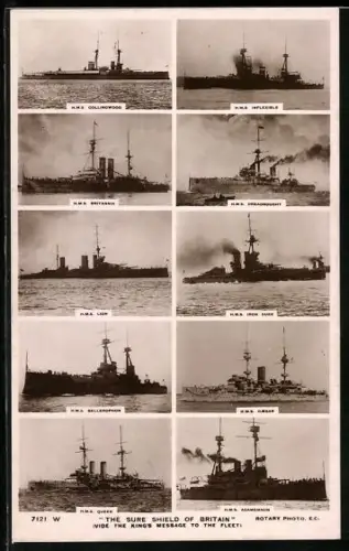 AK Darstellung acht verschiedener Kriegsschiffe der Royal Navy, H.M.S. Lion, H.M.S. Britannia, H.M.S. Dreadnought