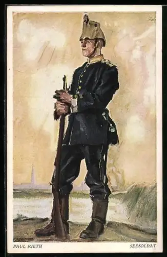 Künstler-AK Paul Rieth, Infanterie Seesoldat mit Gewehr in blauer Uniform mit Tschako