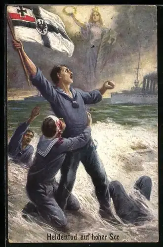 Künstler-AK Heldentod auf hoher See, verletzte Matrosen am Ufer, Kriegsschiff, Fahne, Germania