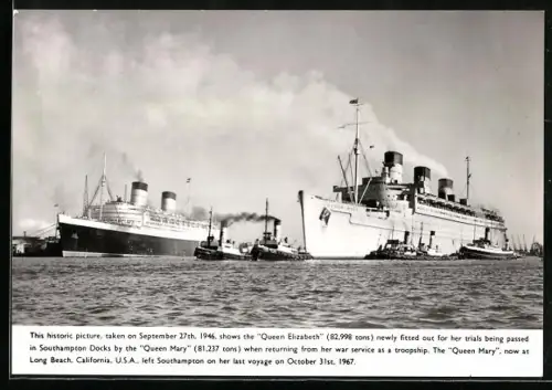 AK Southampton, Passagierschiffe Queen Elizabeth und Queen Mary am 27.9.1946