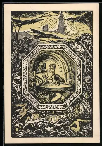 AK Frankenhausen /Kyffh., 25. Jubiläum des Kyffhäuser-Denkmals 1921, rückseitig Flugpost-Stempel