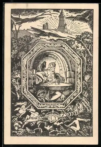 AK Frankenhausen /Kyffh., 25. Jubiläum des Kyffhäuser-Denkmals 1921, Kyffhäuser-Flug, Flugpost-Stempel
