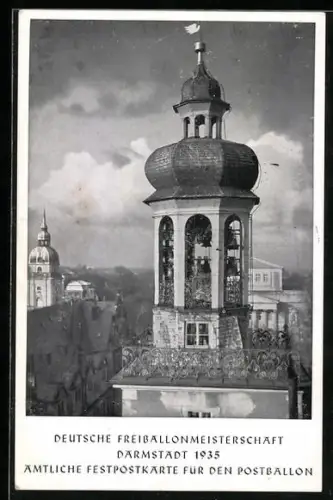 AK Darmstadt, Deutsche Freiballonmeisterschaft 1935, Amtliche Festpostkarte für den Postballon, Stempel der Ballonpost