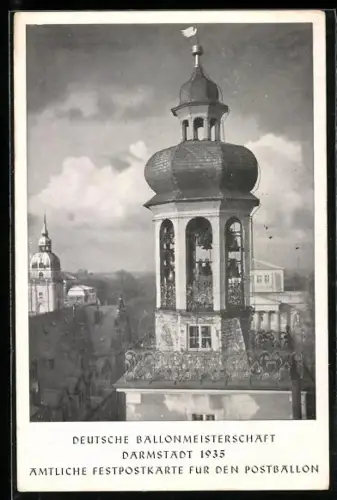 AK Darmstadt, Deutsche Freiballonmeisterschaft 1935, Amtliche Festpostkarte für den Postballon, Ballonpost-Stempel