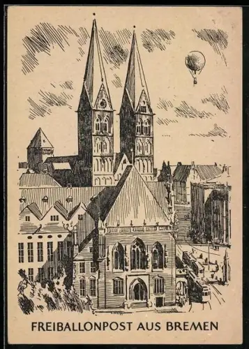 AK Bremen, Kirche mit Heissluftballon, Stempel der Freiballonpost