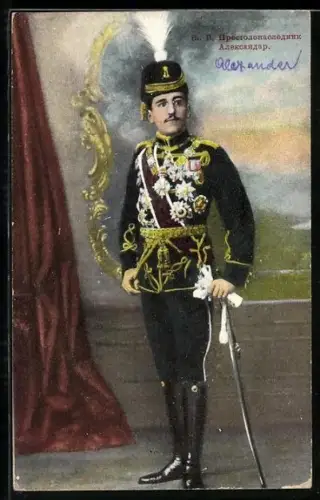 AK Portrait von Alexander von Serbien in Uniform mit Orden und Säbel