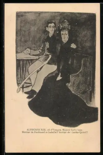 AK König Alfonso XIII. von Spanien auf dem Schoss einer Frau, Karikatur