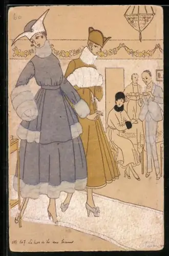 AK Elegante Damen mit Muff ziehen Aufmerksamkeit auf sich, Art Deco