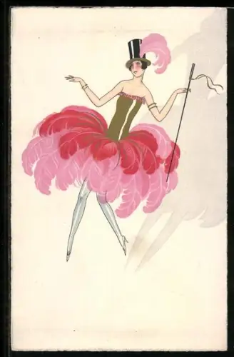 AK Elegante Dame mit Zylinder und farbenfrohem Rock, Art Deco