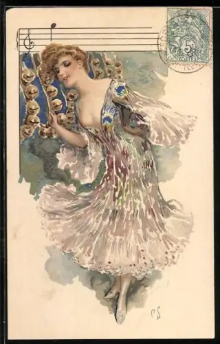 AK Attraktive Dame mit grossem Ausschnitt vor einer Reihe Glocken, Jugendstil