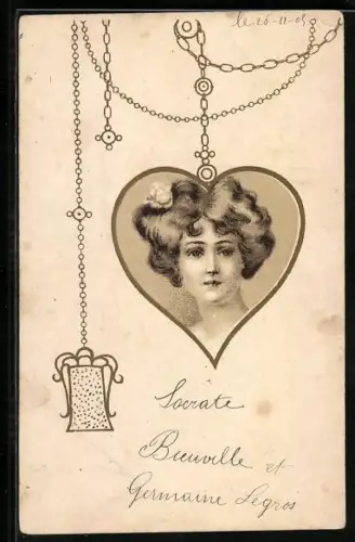 AK Portrait einer hübschen Dame in einem goldenen Herzen, Jugendstil