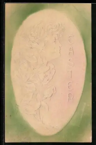 Präge-AK Profil einer hübschen Dame die von Rosen umgeben ist, Jugendstil