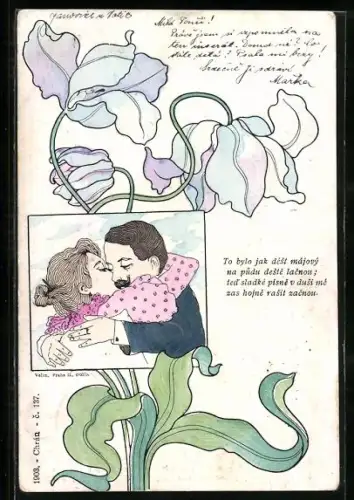 AK Pärchen beim innigen Kuss, Blumen im Passepartout, Jugendstil