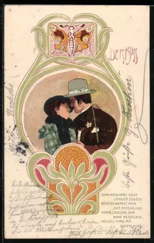 AK Elegantes Pärchen vor dem ersten Kuss, Jugendstil
