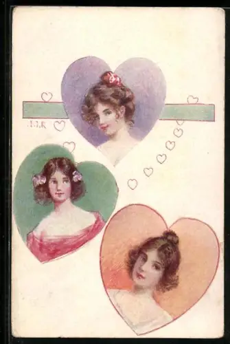 AK Portraits dreier Damen umrahmt von Herzen, Jugendstil