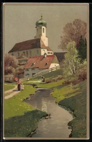 Künstler-Lithographie Paul Hey: Frühlingserwachen, Frau mit Kind beim Spaziergang