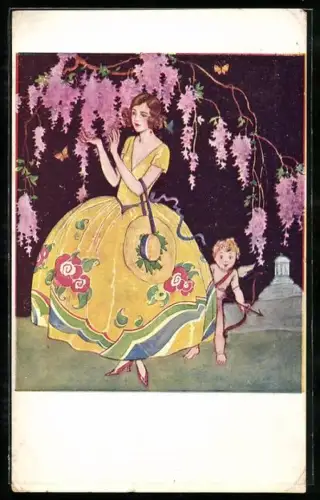 Künstler-AK Amor schaut hinter einer Dame im gelben Kleid hervor
