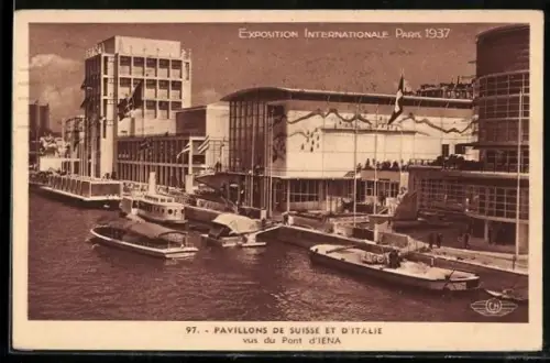AK Paris, Exposition internationale 1937, pavillons de Suisse et d`Italie vus du pont d`Iena