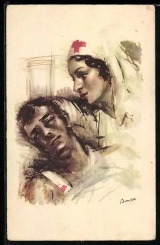 Künstler-AK Rot-Kreuz-Schwester pflegt einen verwundeten Soldaten, Rotes Kreuz