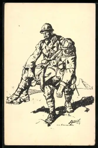 Künstler-AK Sanitäter trägt seinen verwundeten Kameraden, Rotes Kreuz