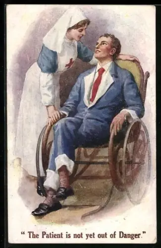 AK Rot Kreuz-Schwester mit einem Patienten im Rollstuhl, Rotes Kreuz