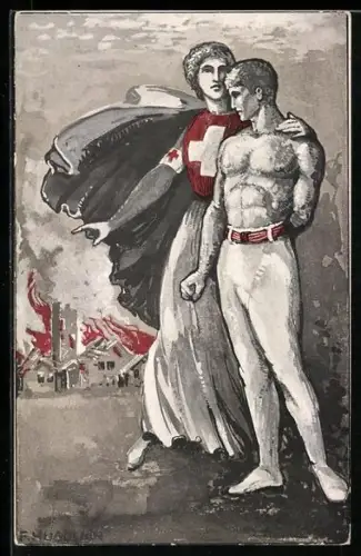 Künstler-AK Schweizer Rot Kreuz-Schwester legt einem Turner den Arm um die Schultern