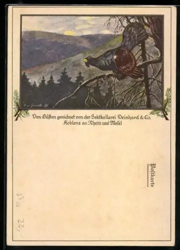 AK Koblenz am Rhein, Sektkellerei Deinhard & Co., Auerhahn auf einem Ast