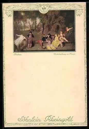 AK Reklame für Sekt von Söhnlein Rheingold mit Gemälde Unterhaltung im Freien