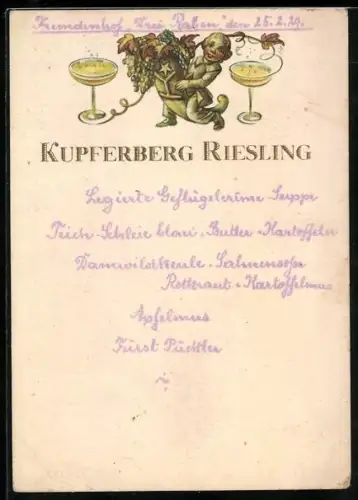 AK Weinreklame für Kupferberg Riesling, Füllhorn und Gläser