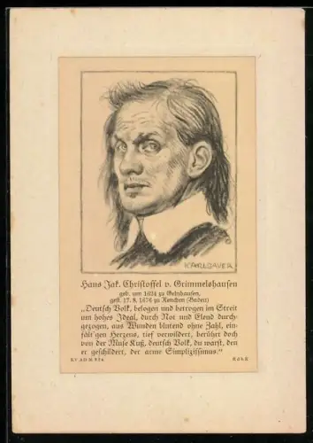 AK Schriftsteller Hans Jak. Christoffel v. Grimmelshausen im Porträt mit Zitat