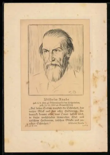 AK Schriftsteller Wilhelm Raabe im Porträt mit Zitate