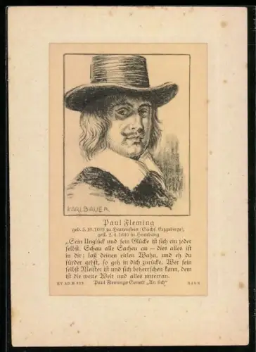 Passepartout-AK Paul Fleming mit Hut, Zitat