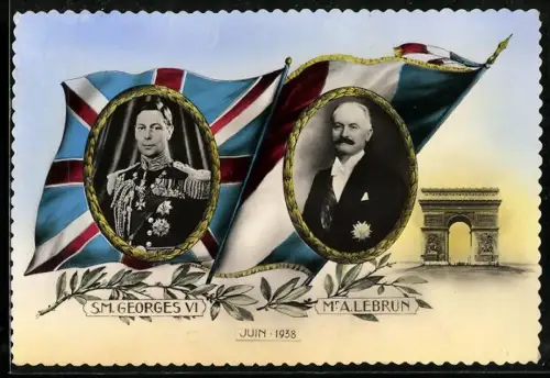 AK König George VI. von England und A. Lebrun, Britische und Französische Flaggen