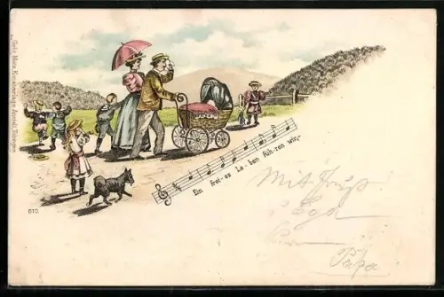 Lithographie Kinderreiche Eltern mit einem Kinderwagen und einem Hund