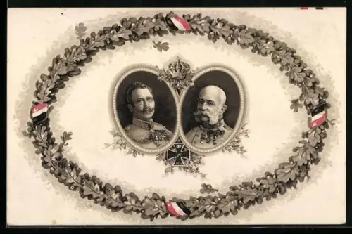 AK Kaiser Franz Josef I. von Österreich und Kaiser Wilhelm II., Zweibund, Eichenlaub-Kranz