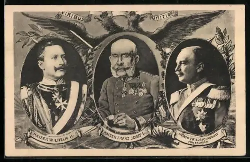AK Portraits von Kaiser Franz Josef I. von Österreich, Wilhelm II. und Friedrich August von Sachsen