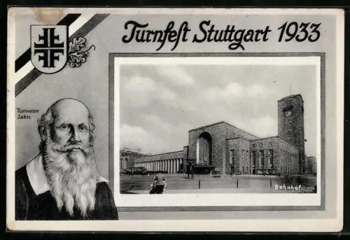 AK Stuttgart, Turnfest 1933, Turnvater Jahn und Bahnhof