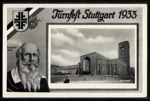 AK Turnfest Stuttgart 1933, Porträt Turnvater Jahn, Bahnhof, Eichenlaub