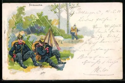 AK Feldwache in Uniform mit Pickelhaube und Gewehren