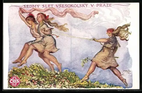 AK Prag, Junge Mädchen feiern den Beginn des Sokol-Sportfest 1920