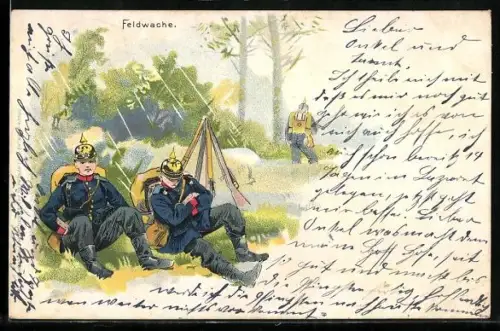 Lithographie Feldwache, Infanterist auf Wache, zwei weitere Soldaten beim Rasten