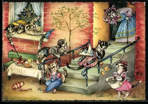 AK Katzenkinder spielen auf der Treppe, Katzenmutter ermahnt, vermenschlichte Tiere