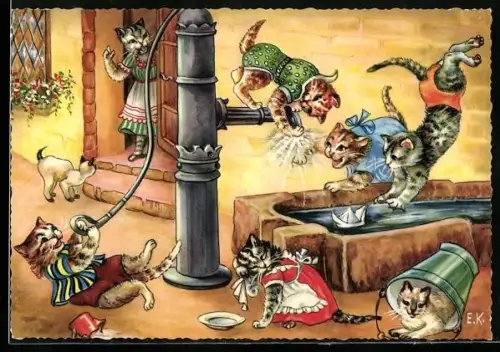 AK Katzenkinder spielen an der Wasserpumpe, Katzenmutter ermahnt, vermenschlichte Tiere