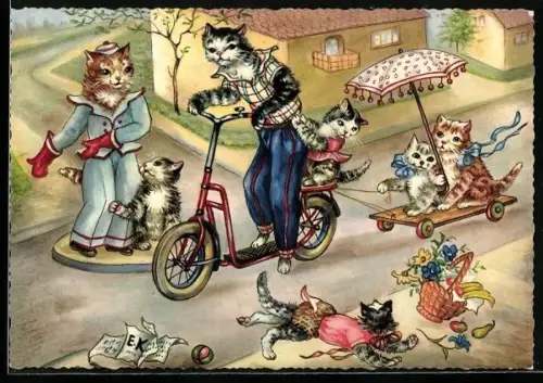 AK Grosse Katze zieht Katzenkinder auf einem Rollwagen, vermenschlichte Tiere