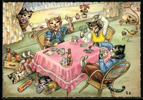 Künstler-AK Vermenschlichte Tiere, Katzen beim Kartenspiel