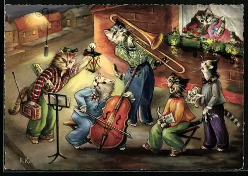 AK Katzen beim nächtlichen Musizieren, vermenschlichte Tiere