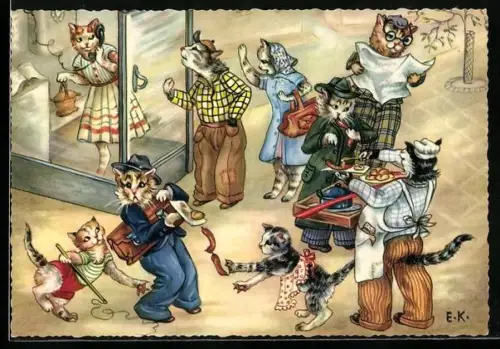 AK Katzen vor der Telefonzelle und am Wurststand, vermenschlichte Tiere