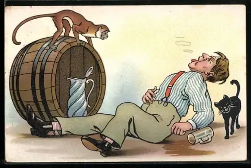 AK Betrunkener Mann liegend neben Bierfass, Affe auf dem Fass, Trinkerhumor